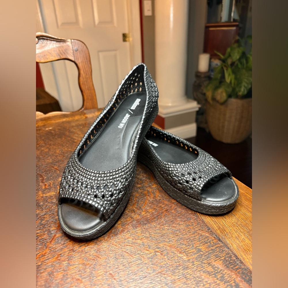 MELISSA x Jason Wu Camilla Black Woven Peep Toe Jelly Flats Shoes Size 7 - Picture 2 of 9
